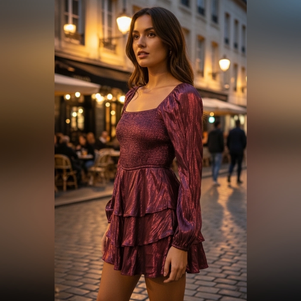 Entro Medium Long Sleeve Metallic Chromatic Purple Ruffle Tiered Romper - Picture 1 of 9